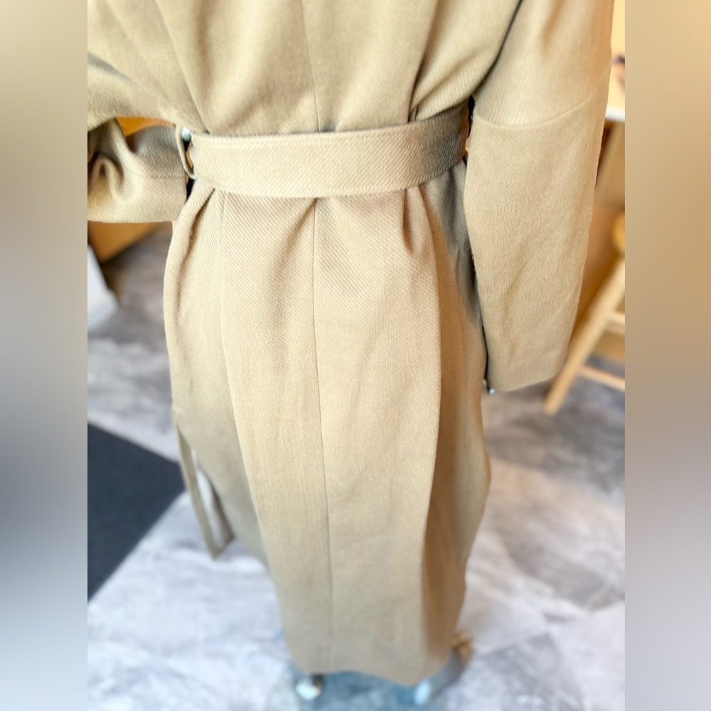 Midi Camel /Caramel Color Open With Tie Waist Round Neck Drop Shoulder Wrap Coat - Picture 8 of 15